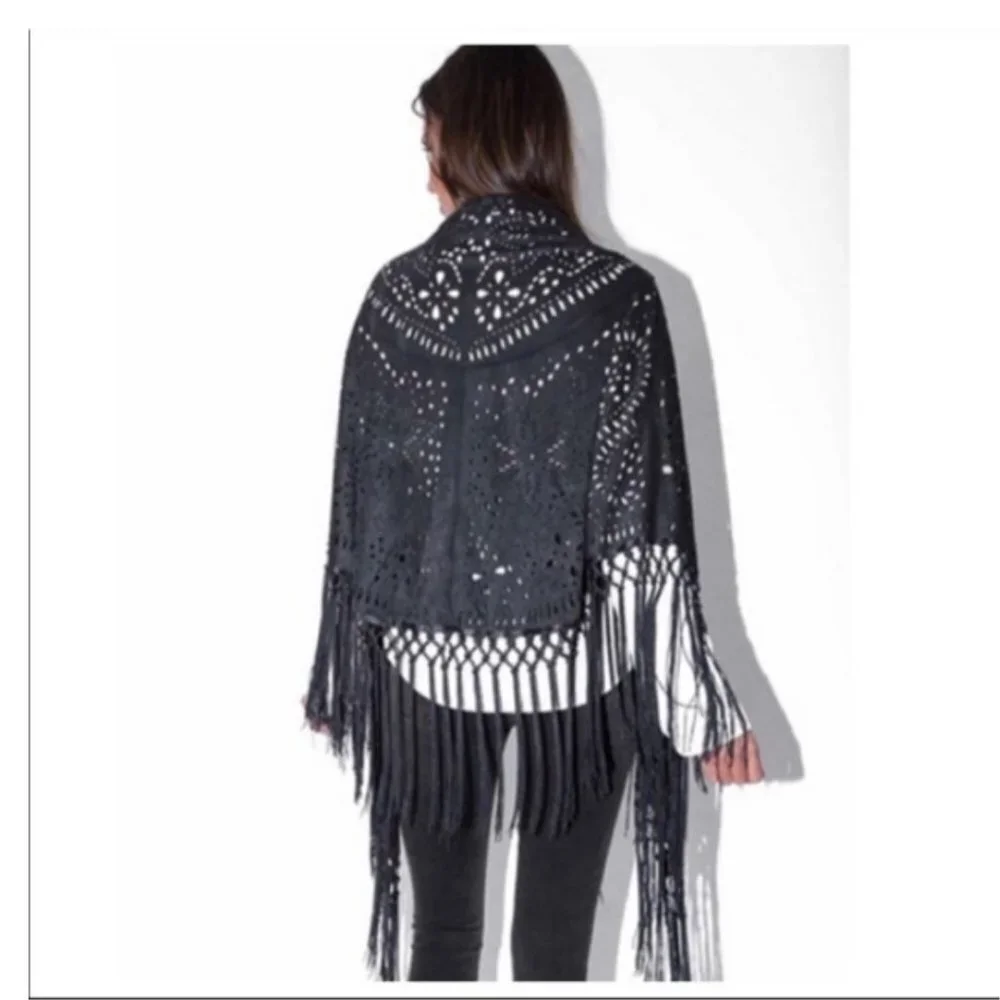 Muche et Muchette Navy Laser Cut Fringe Faux Suede Shawl NWT